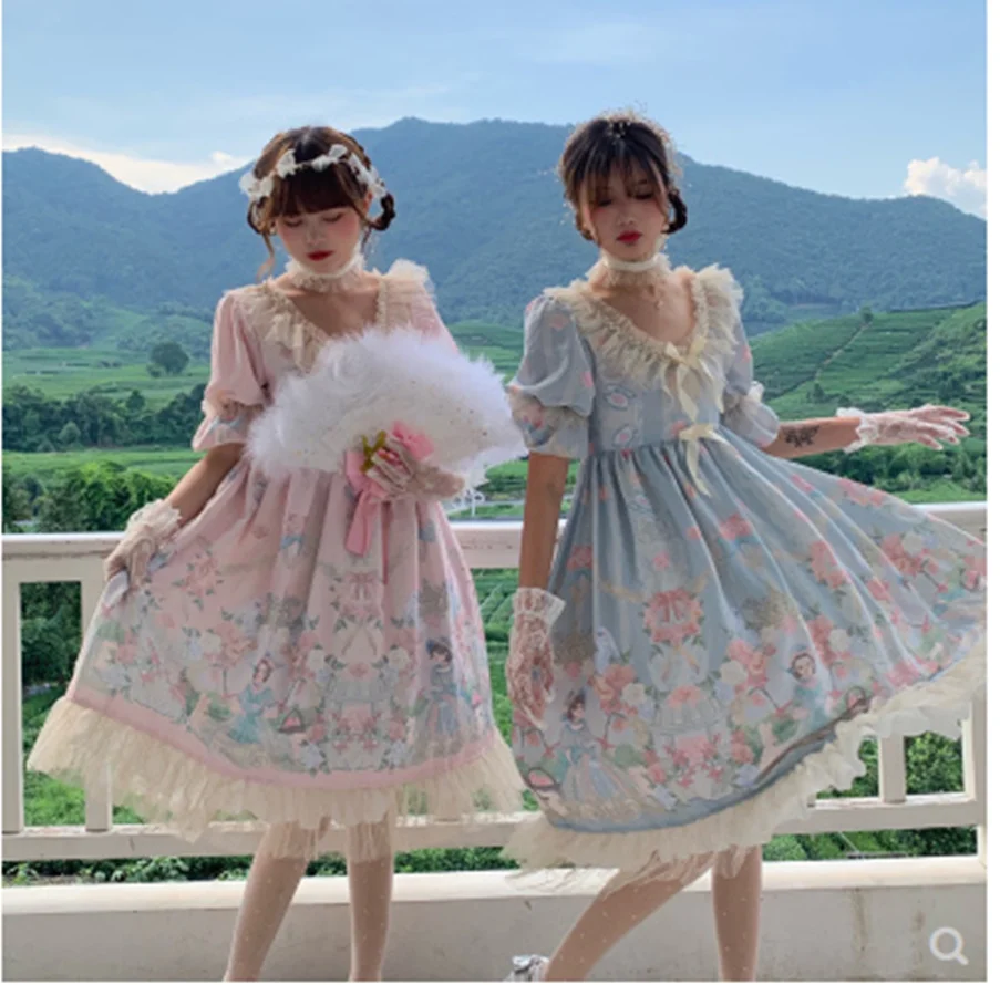 Robe douce à volants pour filles, cosplay japonais, vintage, kawaii, princesse, fête du thé, gothique, mignon, imprimé de nœud papillon, taille haute