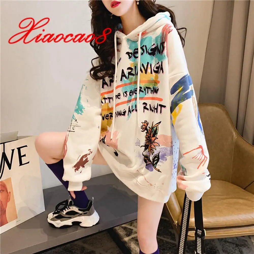 Plus Size Sweatshirt Women Print Letter Hoodies for Teen Girls Long Sleeve Cotton Streetwear Pullovers Femme Oversized Tops