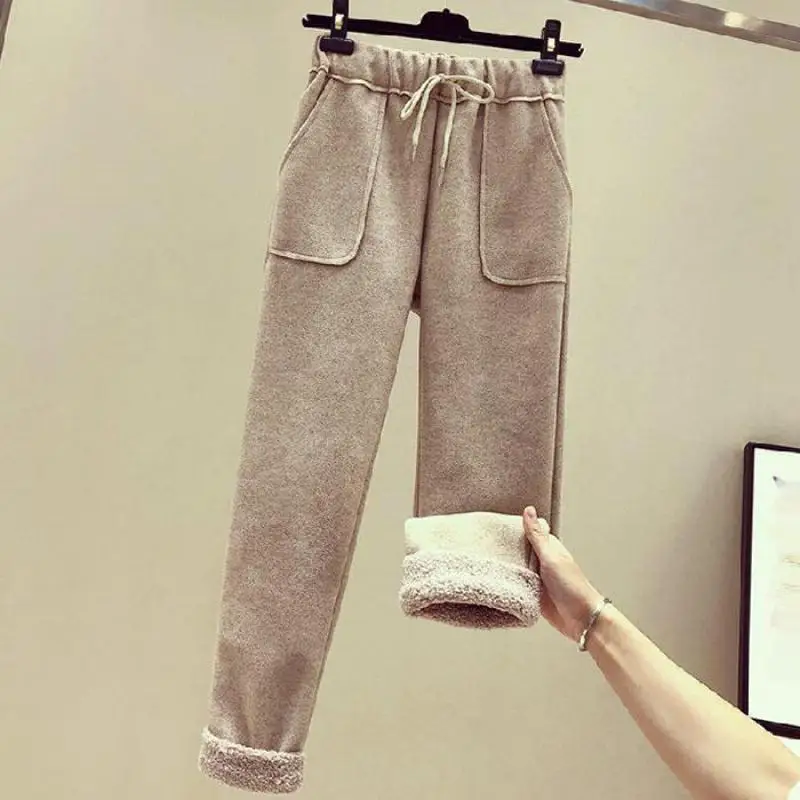 Pantalon en laine pour femme, décontracté, taille haute, Imitation velours d'agneau, droit, ample et chaud, à neuf points, collection automne et hiver 2020