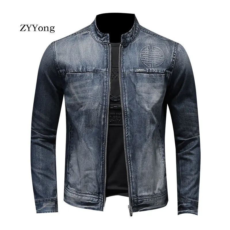 European Style Stand Collar Bomber Pilot Blue Denim Jacket Men Jeans Coats Slim Motorcycle Casual Outwear Clothing Overcoat