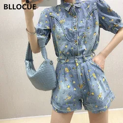 BLLOCUE Summer Flower Print Denim Casual Suit Women Puff Sleeve Single-breasted Shirt Top+High Waist Wide Legs Shorts 2Piece Set