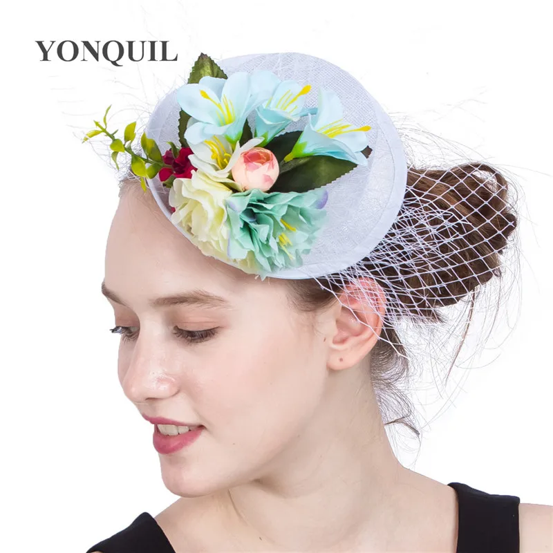 

4 Colors Lady Mini Silk Flower Top Hats Cap Veils Fascinator Hair Clip Costume Hair Band Accessories Wedding Show Party SYF204