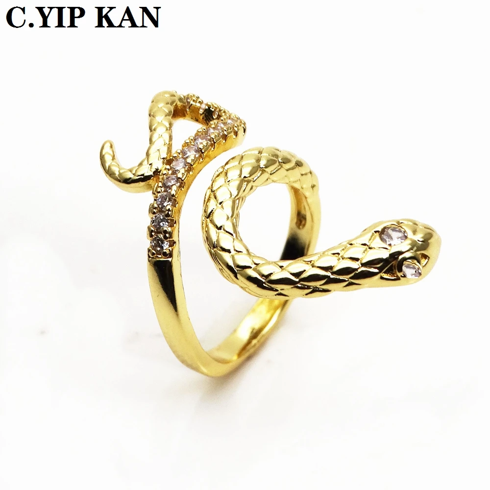 Adjustable size open crystal women's ring with micro - inlaid zircon color snake fashion girl party jewelry gift ring width 28mm