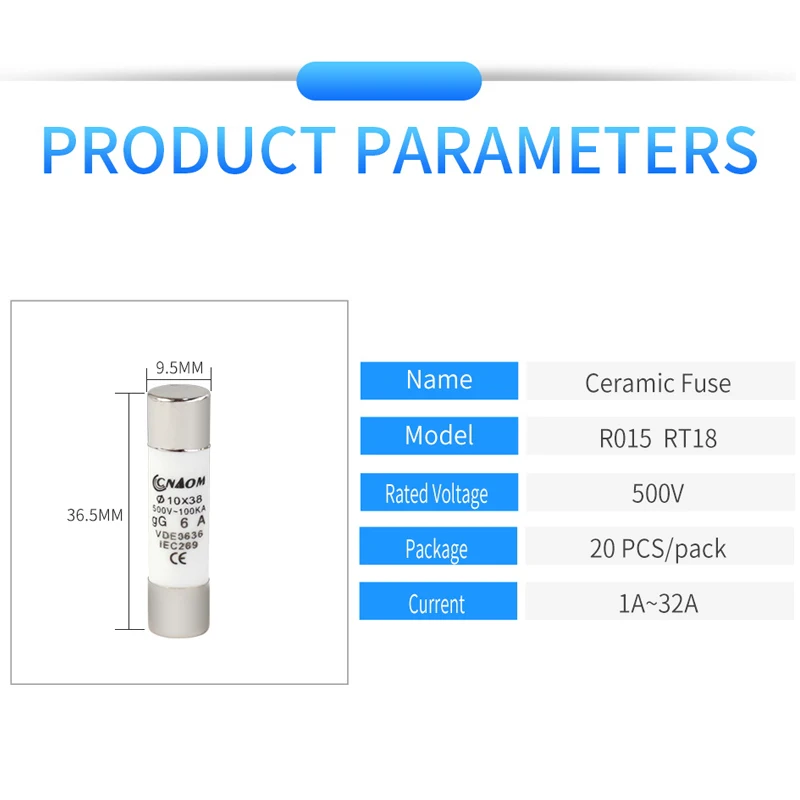 5Pcs/lot  Ceramic Tube Fuse R015 10x38mm 1A 2A 3A 5A 6A 10A 16A 20A 32A Plug Cartridge Fuse 10*38mm 500V  RO15 RT14 RT18