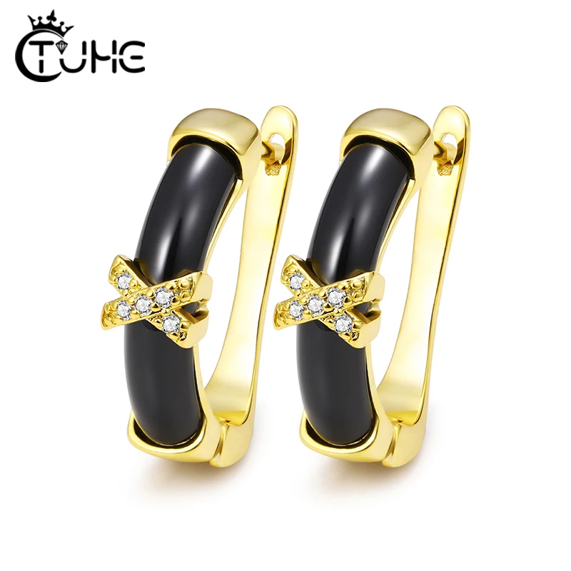 Classic Simple Ceramic Earrings U Shape With Crystal Letter X Cubic Zirconia Copper Ear Stud Gold For Women Fashion Jewelry