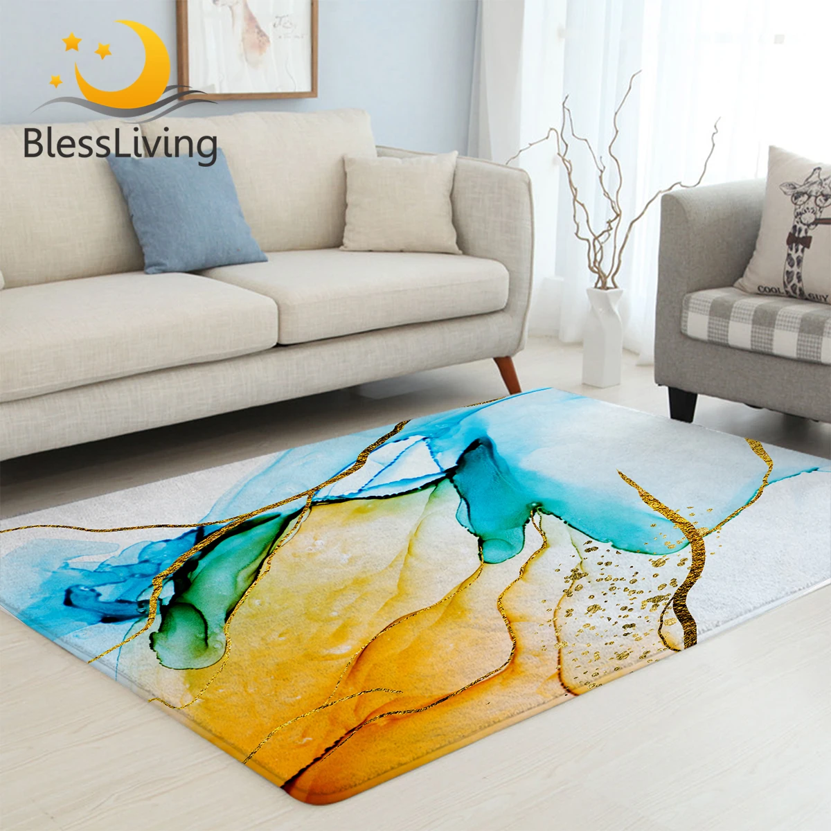 

BlessLiving Marble Large Carpet for Living Room White Blue Golden Soft Floor Mat Luxury Area Rug Beautiful Modern Alfombra 1pc