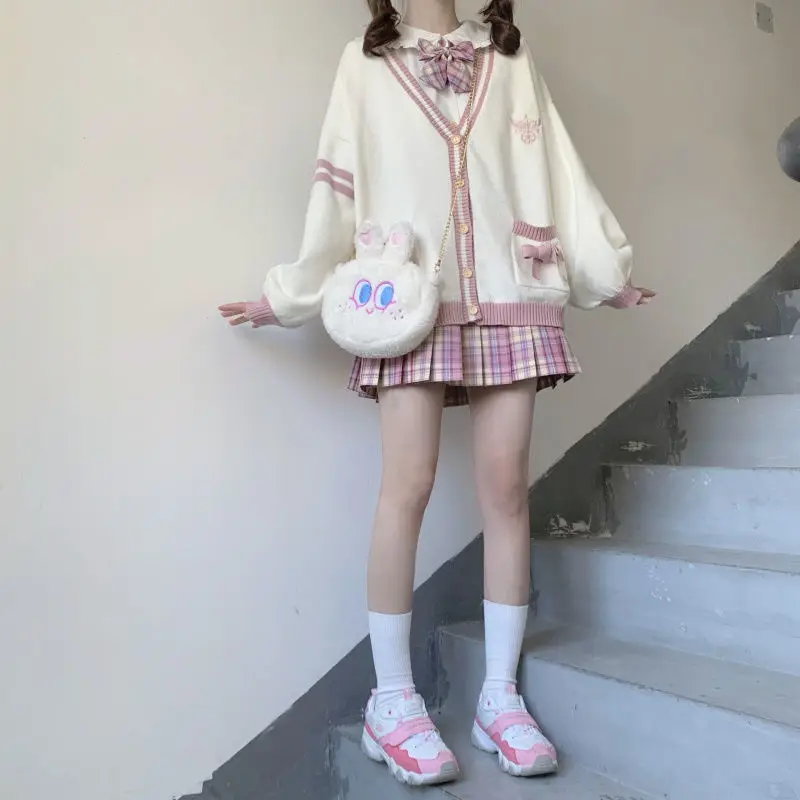 Japanese Girls Loli V-neck JK Uniforms Cute Sweet Sweater Jackets Cardigan Women Student School College Style Cosplay Costumes