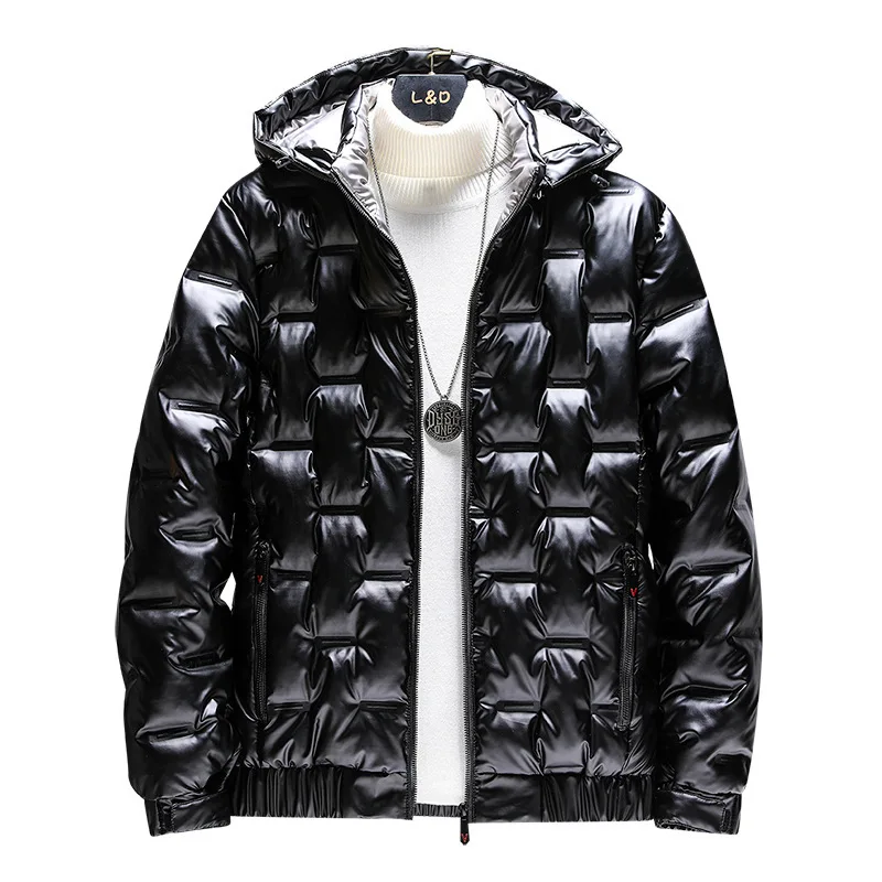 New Winter Mens Glossy Hooded Thickened Thermal Cotton Puffer Jacket Fashion Bright Black Bright Gray Coat Men Clothing