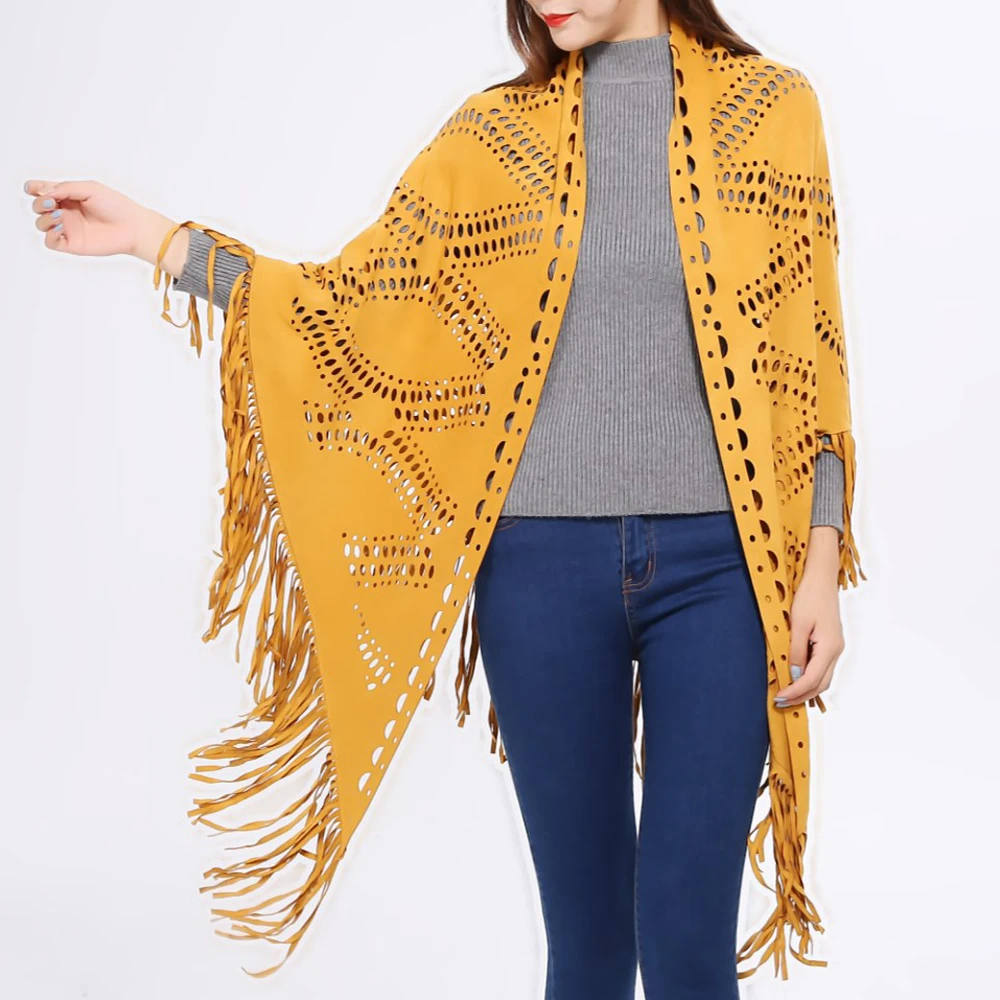 2024 Fashion Summer Hollow Women\'s Cape Shawl Open Poncho Elegant Suede Tassel Retro Simple Wrap Dropshipping