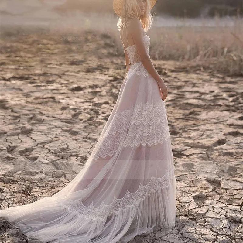 فستان زفاف بوهو أنيق على شكل حرف A وأشرطة سباغيتي وأربطة من الخلف بدون أكمام مناسبة رسمية مخصصة