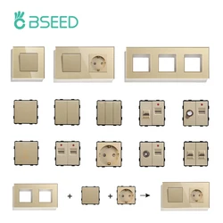 BSEED Wall Light Switches Parts Gold Glass Frames USB Sockets Function Keys DIY EU CAT5 TV Sockets Internet Power Outlet Parts