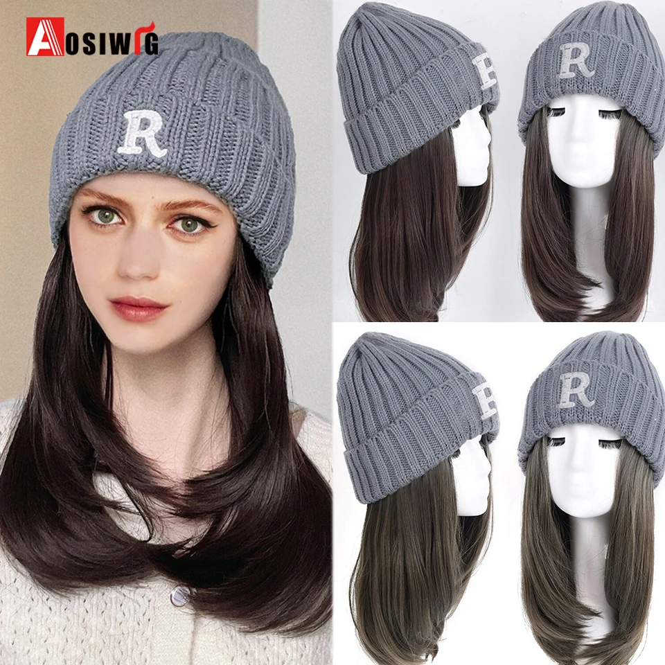 AOSIWIG Ladies Long Curly Hair Knitted Hat Wig Hat Winter Fashion Warmth Natural Synthetic All-in-one Hat Wig Extension