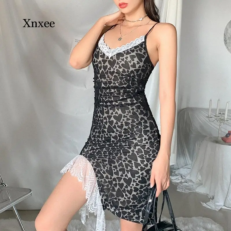 Women's Love Print Slim Sling Lace Dress High Waist Sexy Bag Hip Slit Dress Mini V-Neck Sleeveless Party Halloween Slim Clothes