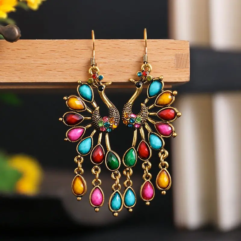 2020 New Retro Peacock Texture Hollow Out Long  Earrings For Women