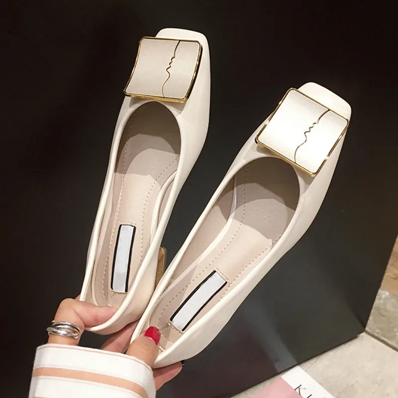 

2020 Luxury Women Spring Flat Shoes Square Toe Medium Heels Fashion Metal Boat Low Heels Shoes Women Dress Shoes Platform Shoes9