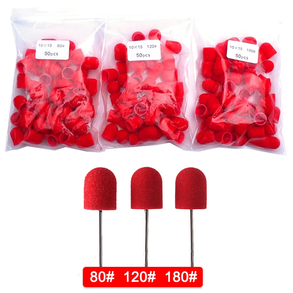 50Pcs Red Plastic Sanding Caps Nail Drill Accessories Sanding Bands Block Caps Mandrel Gel Remover Foot Care Cuticle