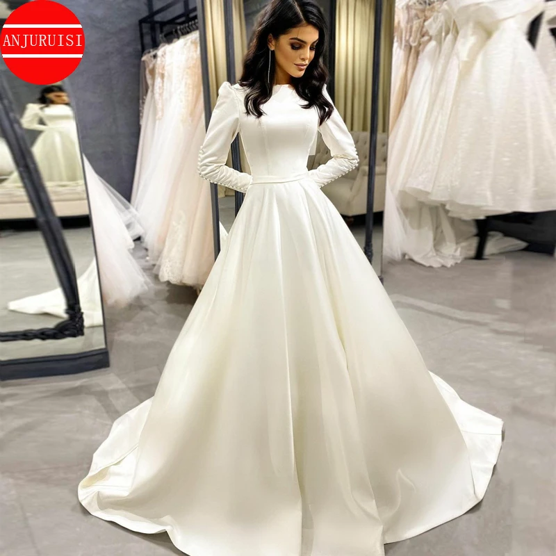 

Long Puff Sleeves Wedding Dress Matte Satin Vestido De Novia 2022 Hochzeit Suknia A Line Bride Gown Robe Mariage Boda Trouwjurk