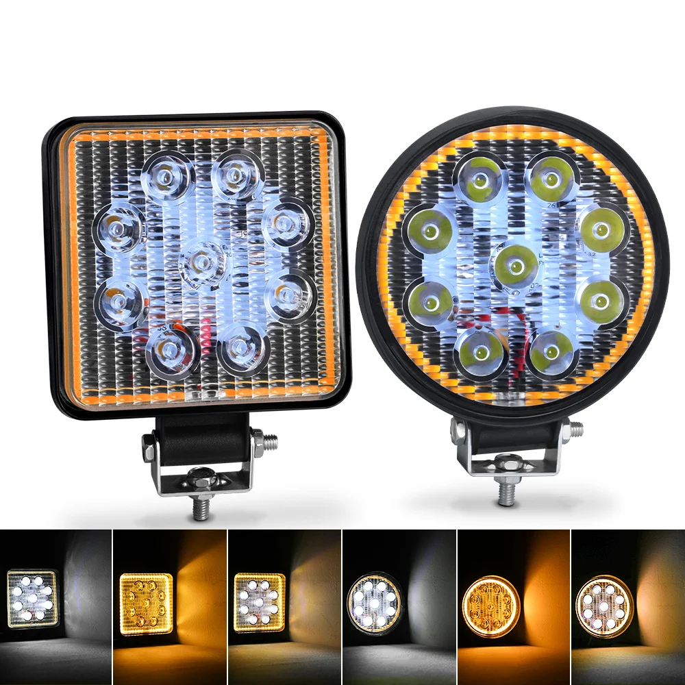 Barra de luz Led de trabajo, foco Cuadrado y Redondo, 27W, 9, DRL, para coche 4x4, todoterreno, SUV, ATV, camión, excavadora, color blanco ámbar