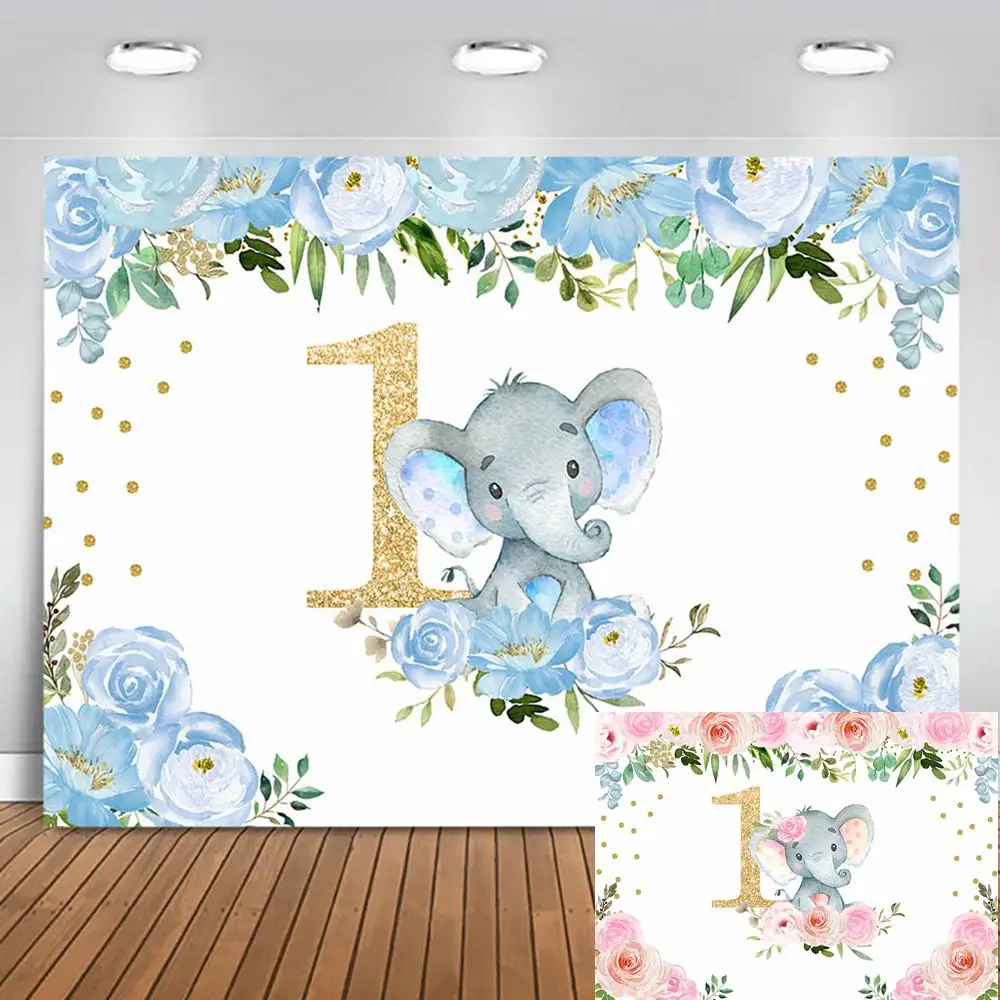 

MOCSICKA Baby 1st Birthday Backdrop for Photography Blue Pink Elephant Flower Child Birthday Party Photo Background Prop Studio