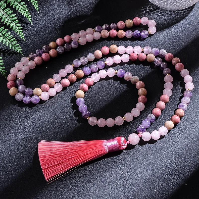 8mm Rhodolite Rose Quartz Amethyst Beads 108 Mala Necklace Bracelet Jewelry  Japamala Set Yoga Meditation for Women