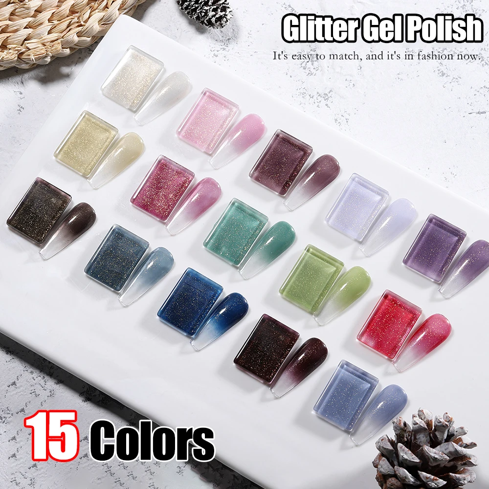 

Vendeeni 15 Colors Glitter Gel Nail Polish Set Semi Permanent UV LED Soak Off Gel Varnish Shiny Gold Powder Nail Art Gel Lacquer