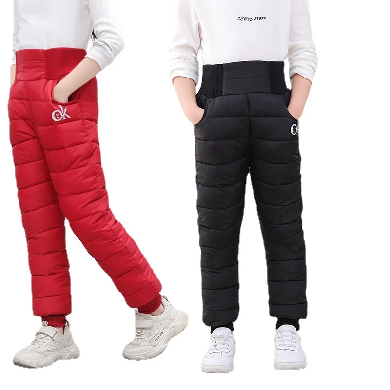 New Girls Boys Winter Pants Cotton Thick Warm Trousers  Children 3-14 Year Waterproof Ski Clothing Elastic High Waisted Pant