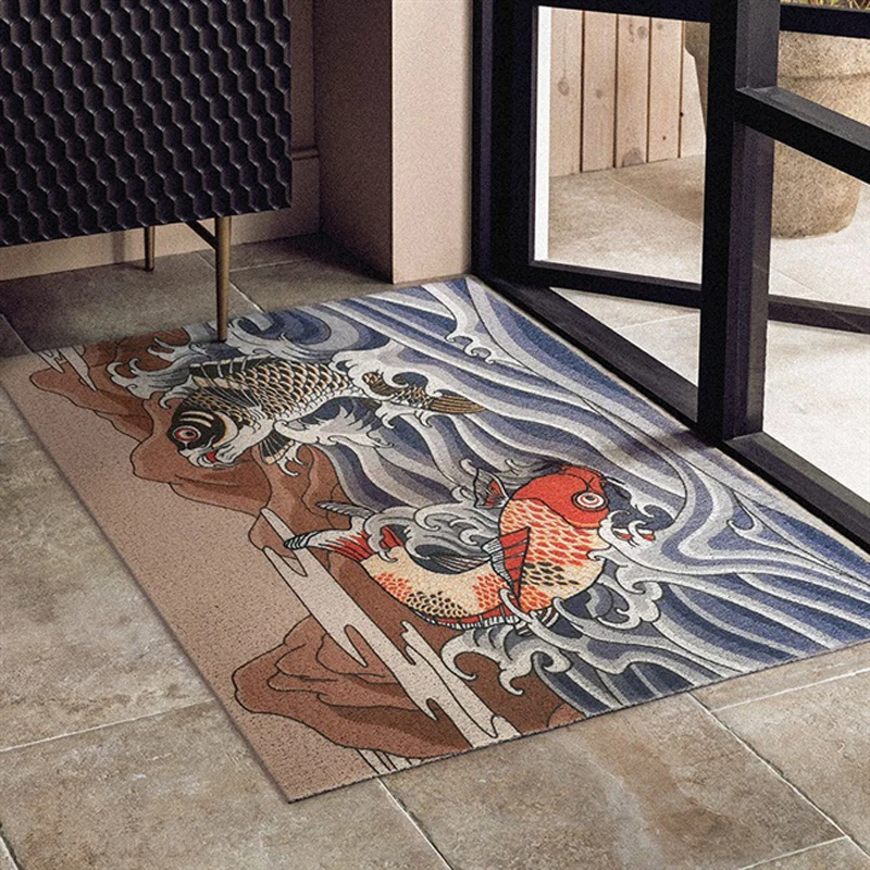 Rubber Doormat Washable Non-slip Rug for Hallway Koi Fish Pattern Waterproof Easy Clean Carpet Entryway Resist Dirt Trapper Rugs