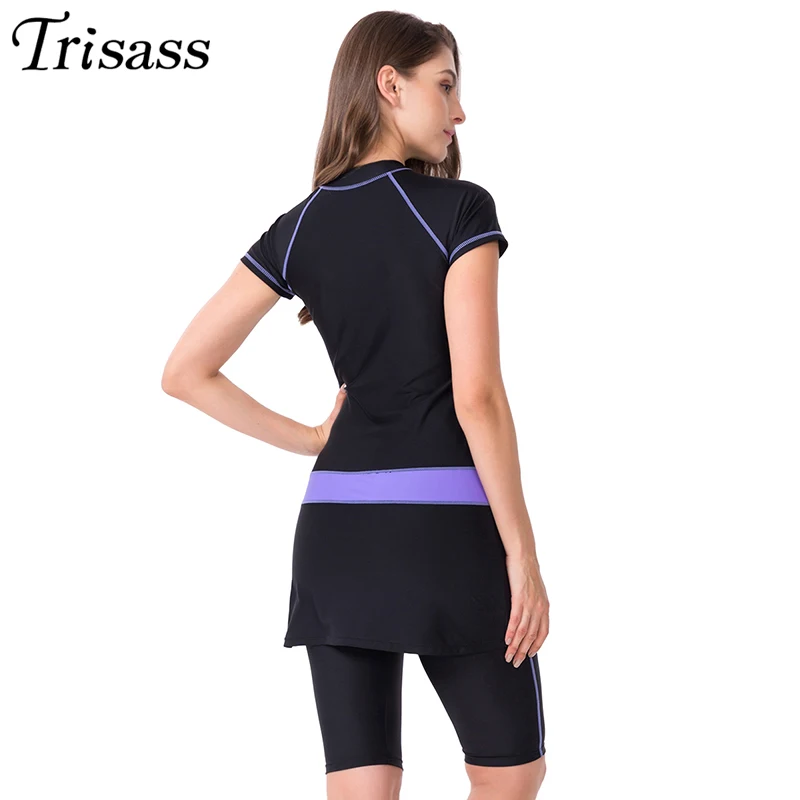 Trisass 2021 New Two Piece Skirt Swimsuit For Women Sports Surf Suit Tankini Long Pants Bathing suit With Zipper Sleeve Swimwear