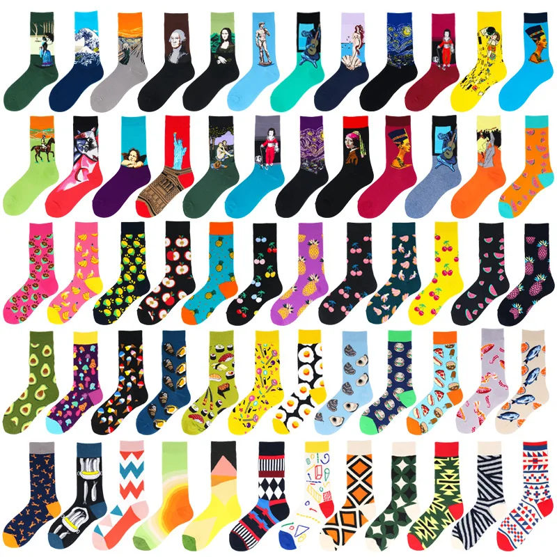 1 Pair Combed Cotton Fashion Funny Hip Hop Man Woman Socks Harajuku Fruit Skateboard Oil Painting Geometric Lattice Happy Socks