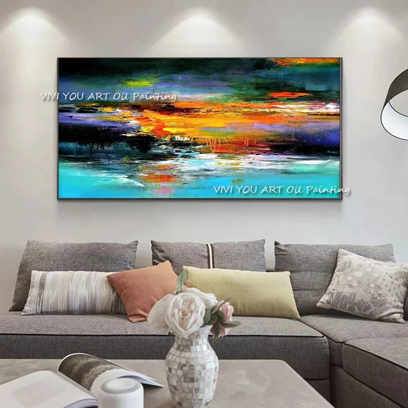 

The Sunset Sea Space View Blue Gold Wide Wall Art Canvas Handpainted Cuadro Modern Abstract Painting Wall Pictures for Bed Room