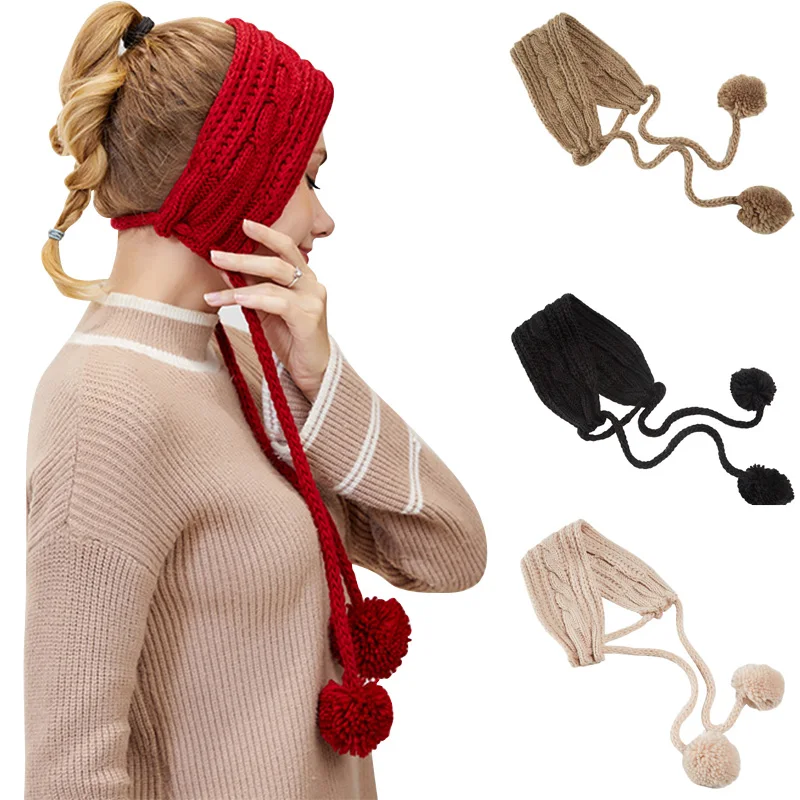 Laço-up lã de malha earmuffs bib capa de orelha dupla-uso na moda bola de cabelo earflaps bonito orelha quente feminino menina férias orelha muff