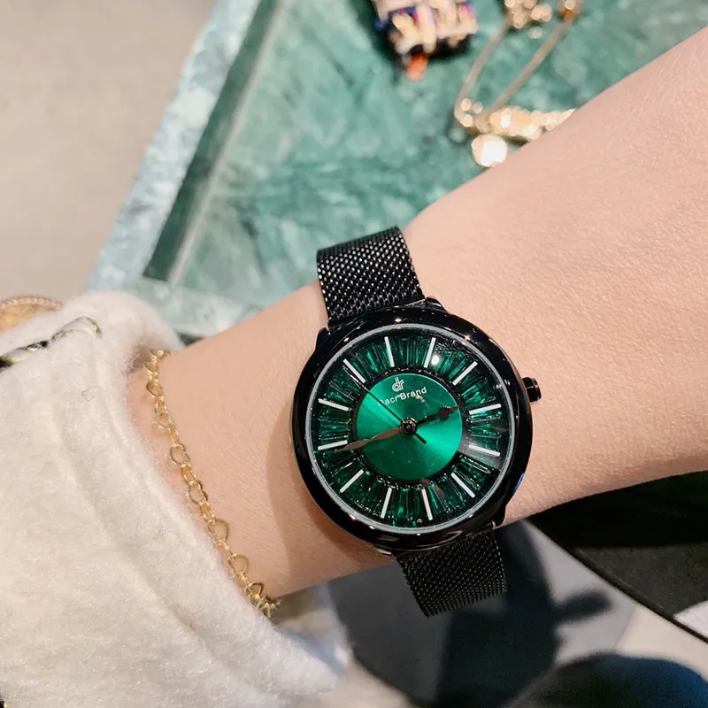 GOOD Colors MATCH Green Black Watches for Women Shining Green Crystal Fashion Dress Watch Anti-fade Full Black Steel Wrist watch