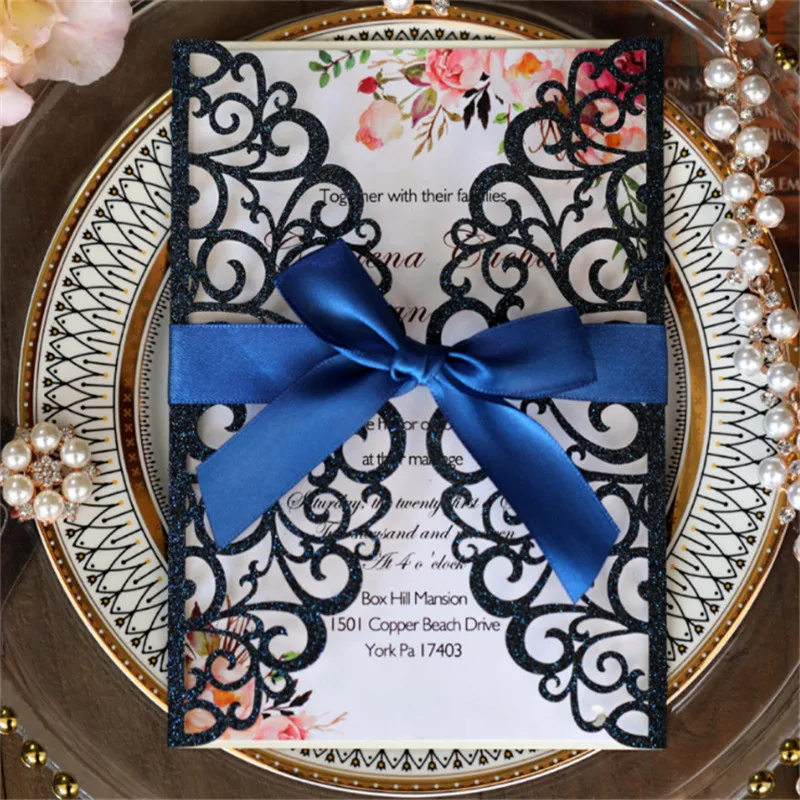 Glittery navy blue laser cut wedding invitation card with ribbon decoration flower design customized insert card printing