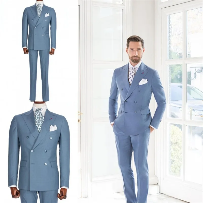 Zwei Stücke Männer Anzüge Royal Blue Maß Männer Anzüge Zweireiher Smoking Erreichte Revers Blazer Business Mantel + Hose