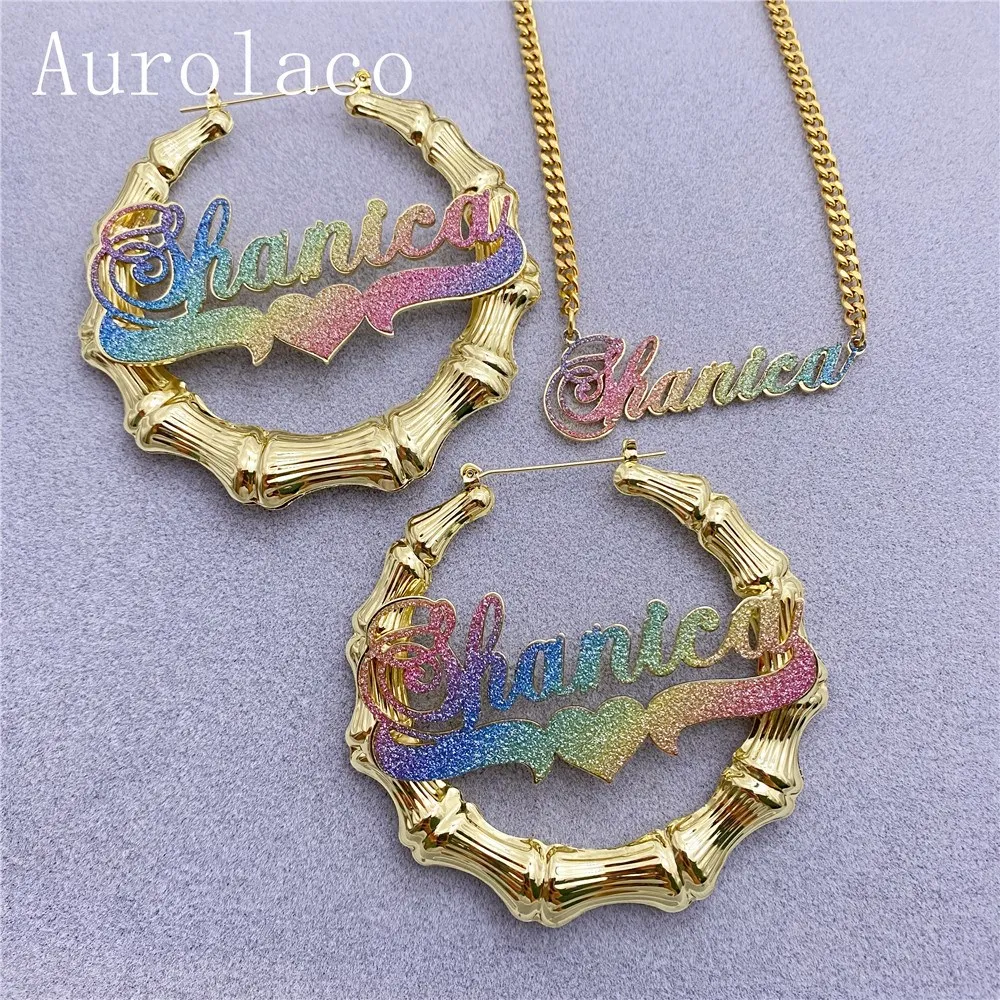 

AurolaCo Custom Jewelry Set Bling Name Necklace Cuban Chian Colorful Sticker Bamboo Earrings Custom Name Necklace Jewelry Gift