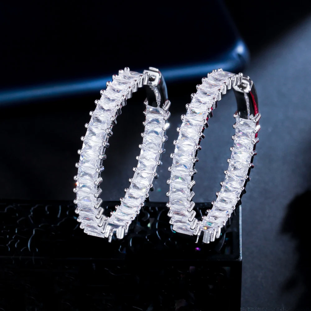 CWWZircons Schicke Baguette-Bambus-Zirkon Große Runde Creolen für Damen Luxus-Statement-Designerschmuck Großhandel E0740 – Detail 7