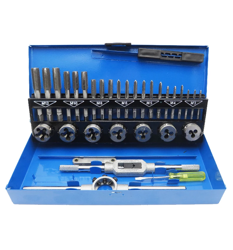 32PCS HSS Tap Metal Die Set thread Metric Wrench Cut M 3-M12 Hand Threading Tool Tungsten Carbide Tap  Screw Thread Making Tool