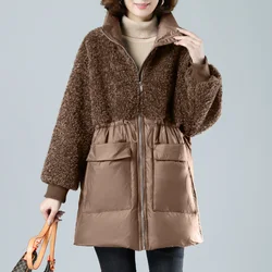 Winter Down Cotton Jacket Women Outerwear Stitching Lamb Wool Coat Thick Warm Fashion Waist Drawstring Overcoat Mother Clothes