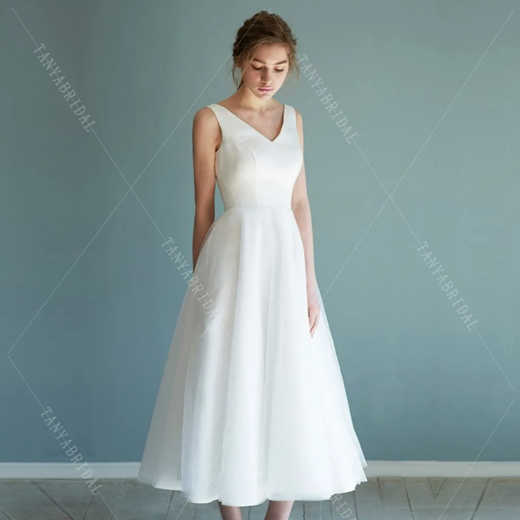 Simple Short Wedding Dress 2021 V Neck Sleeveless A Line Organza Tea Length Bridal Dresses Vestidos De Noiva Bride Gown SWD037