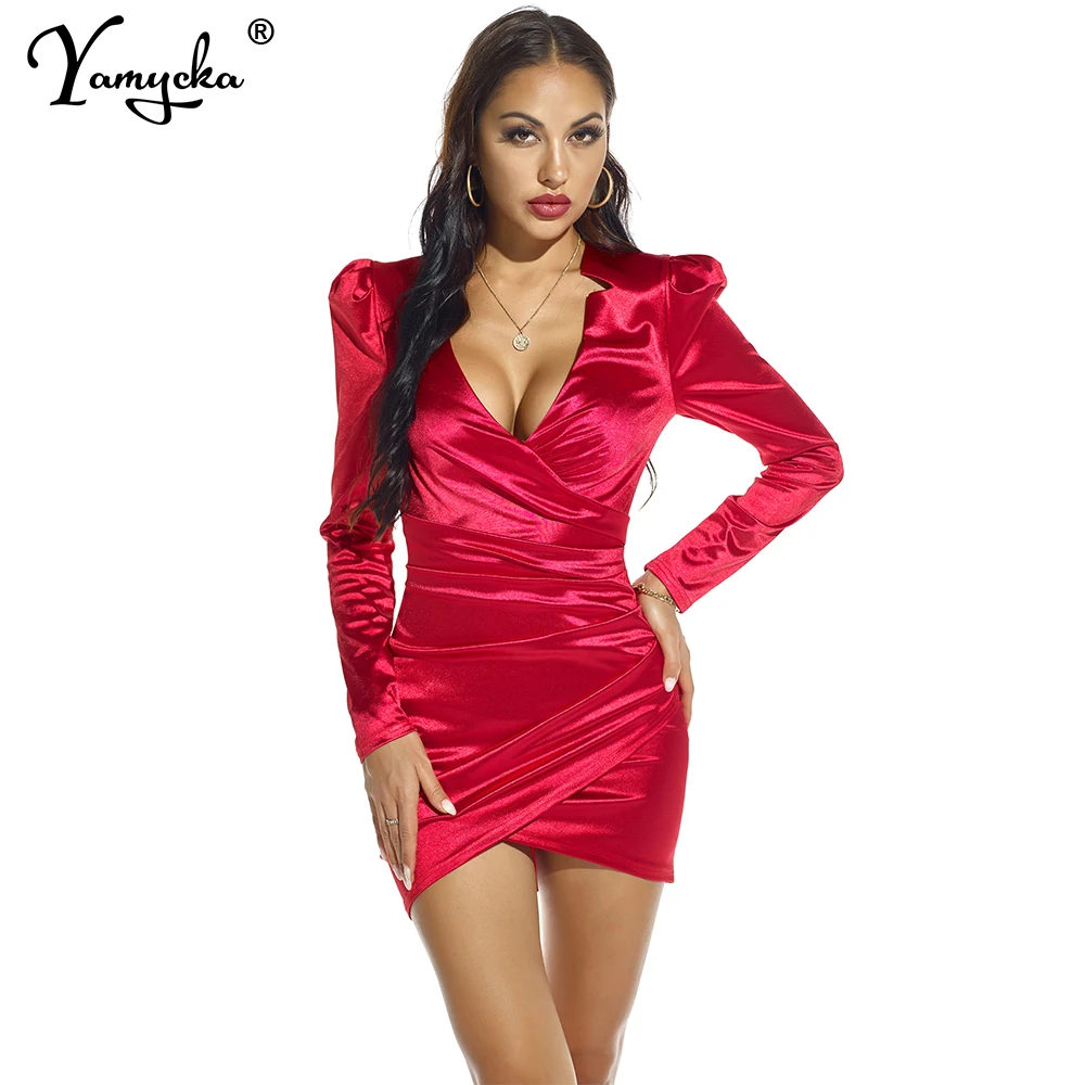 Sexy Red Black Satin Puff Long sleeve autumn night woman Dress women Elegant silk club party Dress wrap ladies Dresses Vestidos