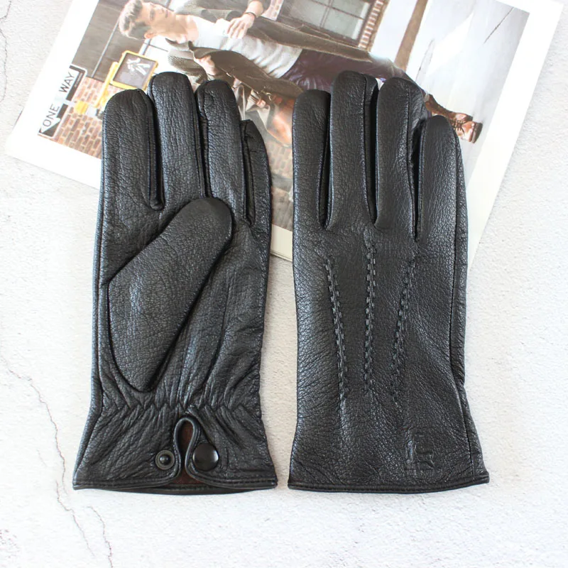 New deerskin gloves men\'s leather touch screen black corrugated plus velvet warm motorcycle riding driving gloves winter