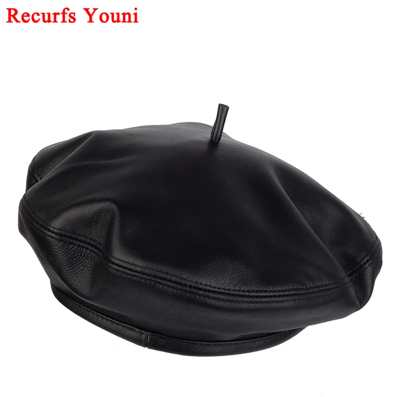 Europe/America Fashion Genuine Leather Beret Caps Women Female Retro Black 54-59 cm Fitted Painter Hat Mujer Streetwear Beanie