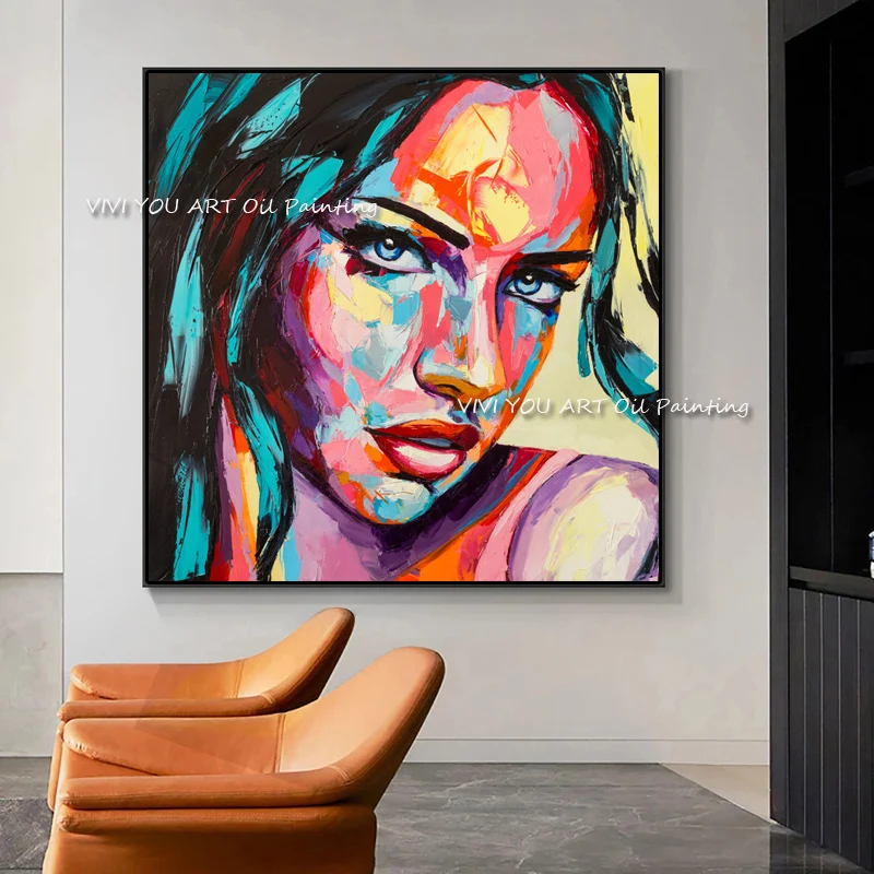 Handmade Colorful Abstract Woman Face Oil Paintings Canvas Art Posters Modern Wall Art Canvas Pictures For Living Room Cuadros