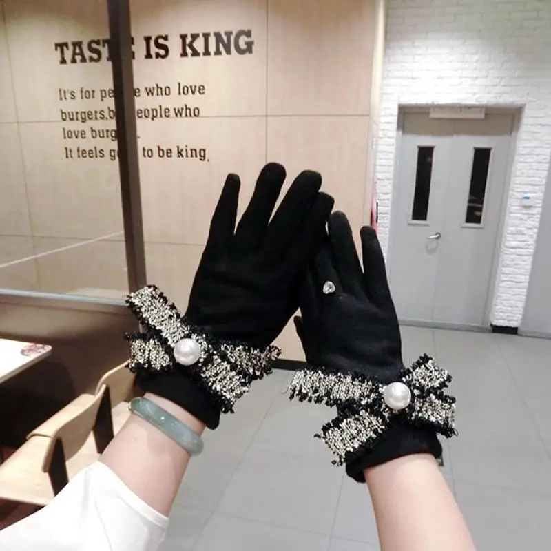 Pearl Raw Edge Bowknot Cashmere Gloves Fashion Warmth Thick Five-Finger Touch Screen Autumn and Winter Gloves for Women