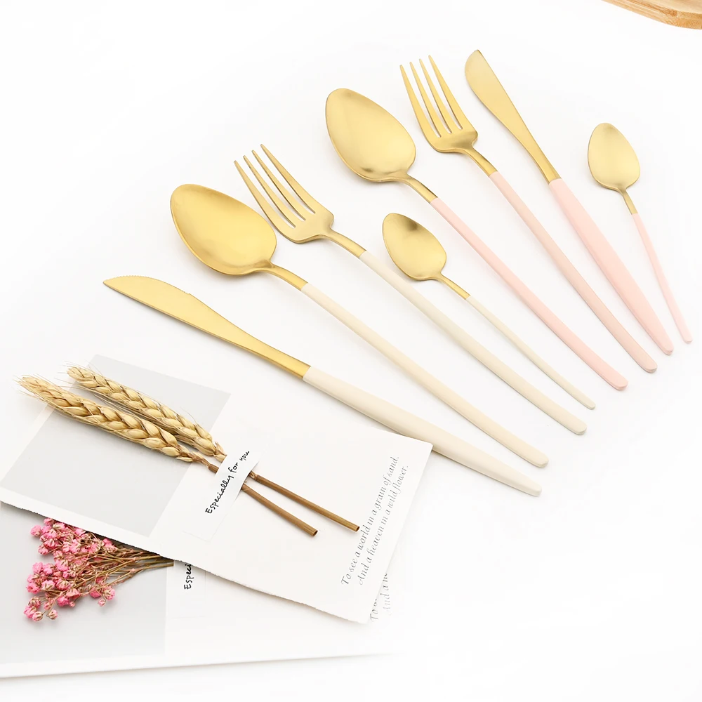 Beige Gold Cutlery Set Stainless Steel Dinnerware Golden Knife Fork Spoon Chopsticks Flatware Kitchen Tableware Set Dropshipping