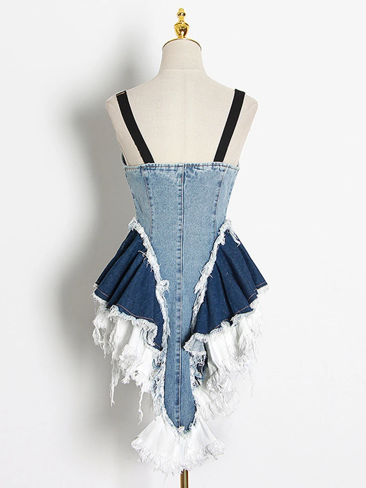 ONEINALL Patchwork Tassel Denim Vest For Women Slimming Asymmetrical Hem Sleeveless Vests Females 2022 Summer Fashion New Style