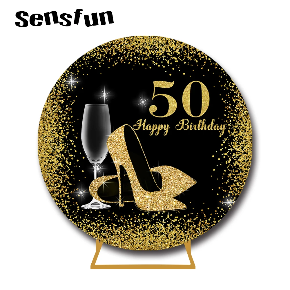 Sensfun Round Circle Adult Backdrop Black Gold Glitter Heels Woman Happy 30th 40th 50th Birthday Party Photography Background