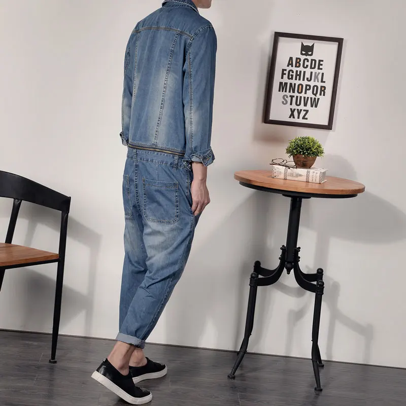 Overalls Men\'s Denim Jumpsuit Blue Lapel Long-Sleeved Jacket Hip-Hop Streetwear Waist Detachable Jeans Pants Casual Trousers