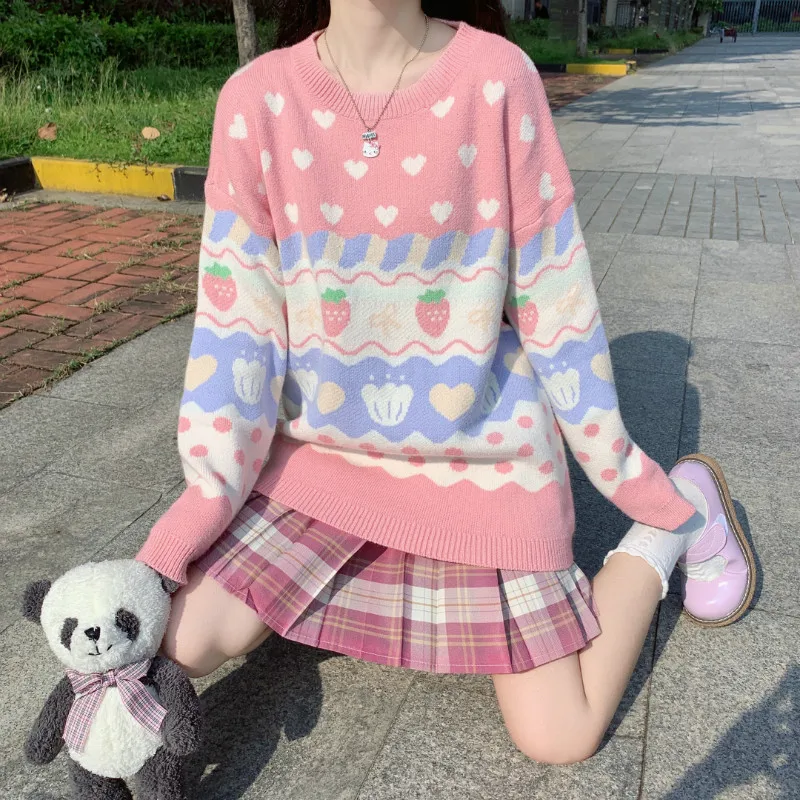 Women Sweet Print Knitted Lolita Sweater Japanese Cute Strawberry Loose Pullover O Neck Casual Sweatshirt Girls Harajuku Clothes