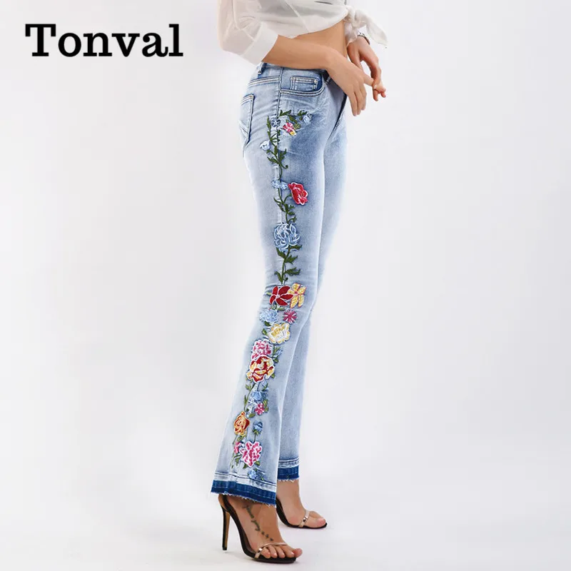 Tonval Floral Embroidered Side Elegant Skinny Flare Jeans Vintage Style Women Light Blue Frayed Hem Streetwear Jeans